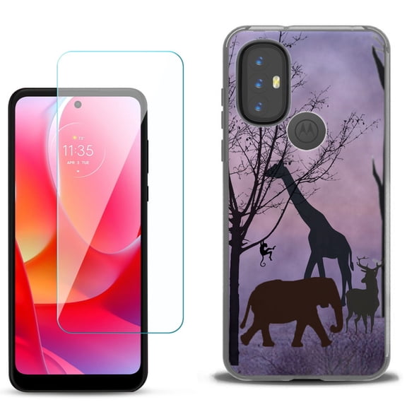 Slim-Fit Gel TPU Phone Case for Motorola Moto G Power 2022, with Tempered Glass Screen Protector, by OneToughShield ® - Twilight Safari
