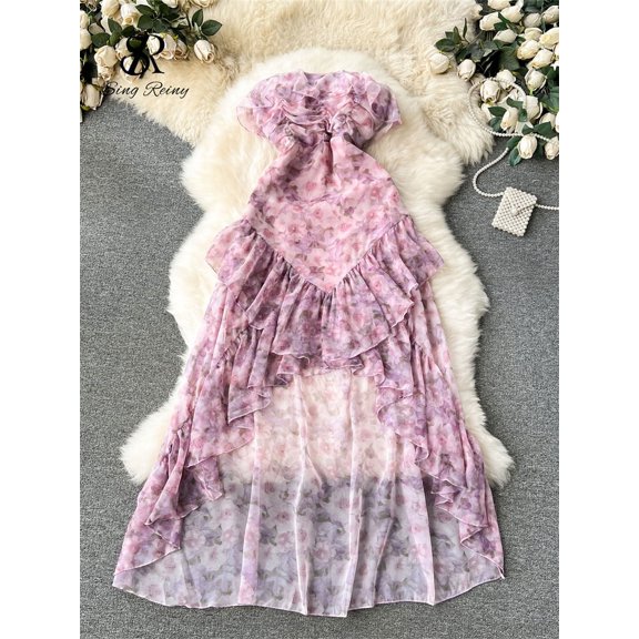 Senior Sweet Ruffles Party Dress Women Strapless Sleeveless Slim Chic French Romantic Retro Floral Vacation Dress