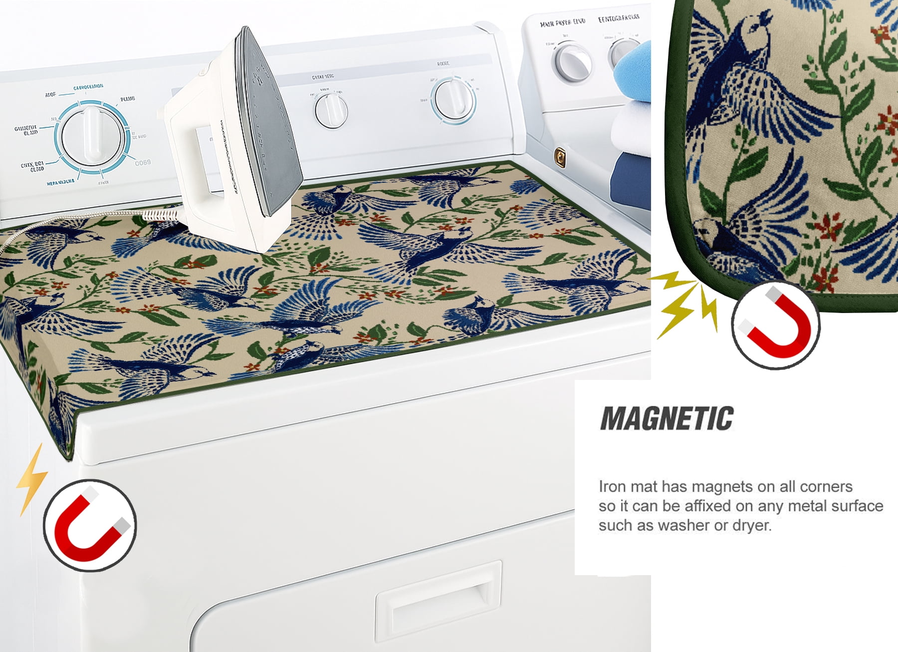 Vargottam Portable Ironing Mat - 28"x48" Foldable Cotton Ironing Pad with Silicone Rest & Magnetic Corners - Travel-Friendly, Space-Saving Iron Board Alternative for Small Homes, Dorms, RVs - Bird