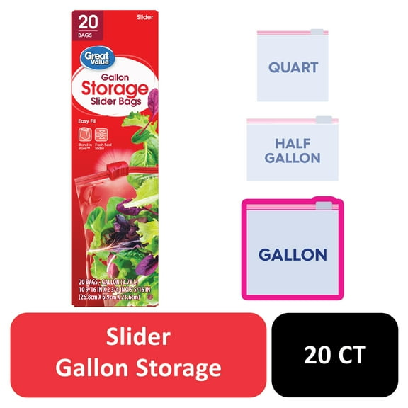 Great Value Fresh Seal Slider Zipper Bags, Gallon Storage, 20 Count
