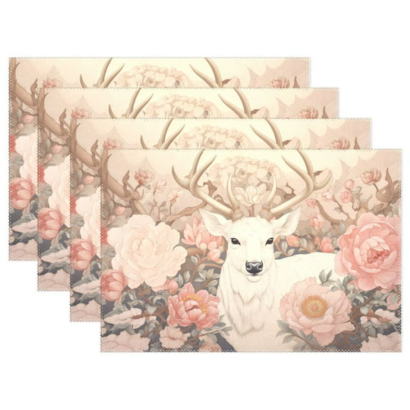 Deer Flowers Floral Pink 12×18 inch Placemats Heat Resistant Washable Foldable Rectangular Placemats Set Decoration Indoor Outdoor for Kitchen Dining Table 1PC