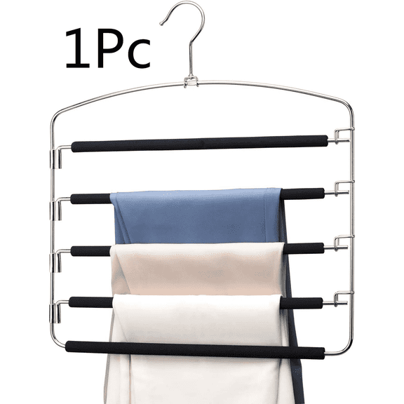 Pants Hangers, Space Saving Pants Hangers,Swing Arm Trousers Hanger, 5 Layers Hanger with Non-Slip, Multiple Pants Hanger Closet Organizer for Trousers Scarves Ties(1Pc,Black)