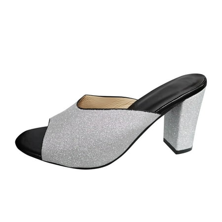 

nsendm Bling Flat Sandals for Women Fashion Womens Chunky High Heels Breathable Slip On Sandals Women Size 9.5 Sandal Silver 8.5