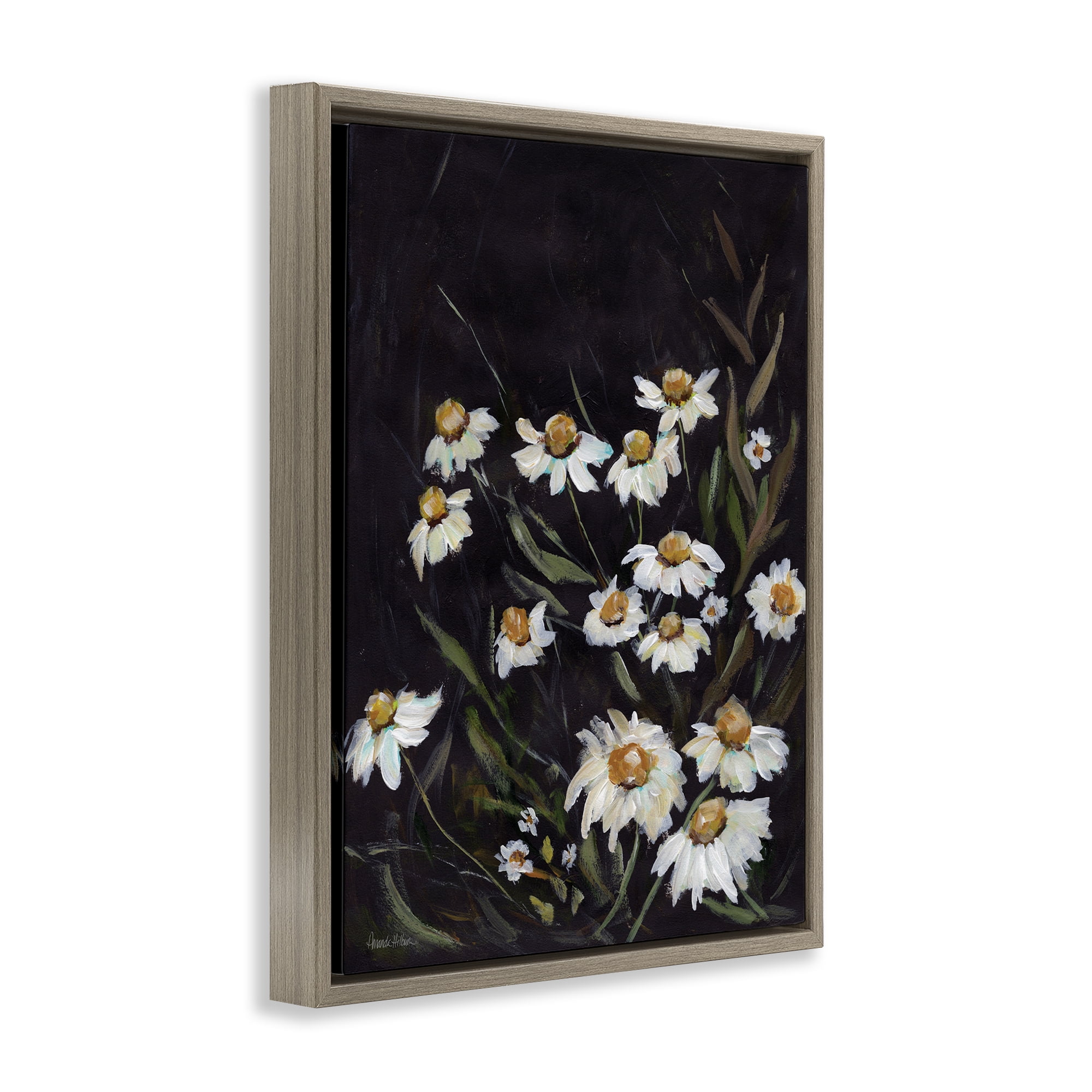 Stupell Industries Daisies on Black Botanical & Floral Painting Brown Floater Framed Art Print Wall Art, 17 x 21
