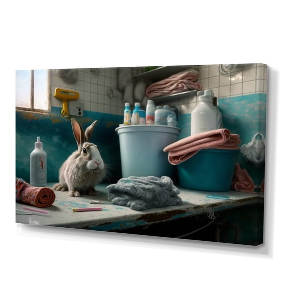 Designart Funny Rabbit Doing Laundry II Canvas Wall Art