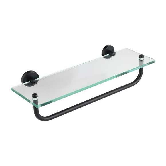 JQK Étagère de Salle de Bain en Verre, Étagère avec Barre à Serviettes de 15 Pouces, Rangement de Douche en Verre Trempé 16 par 5 Pouces, Acier Inoxydable 304, Noir Mat, Support Mural, TgS100-PB