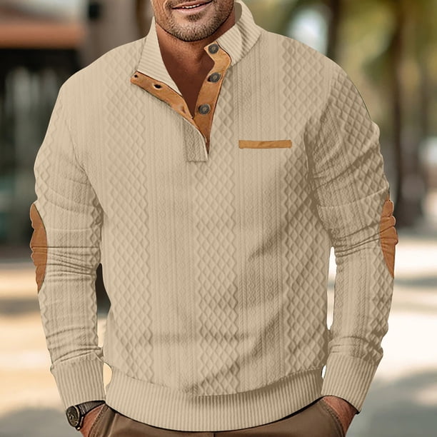 pstuiky camisa de manga larga para hombre, Blusa de manga larga con botones y cuello redondo de color liso para hombre Tops casuales para hombres s