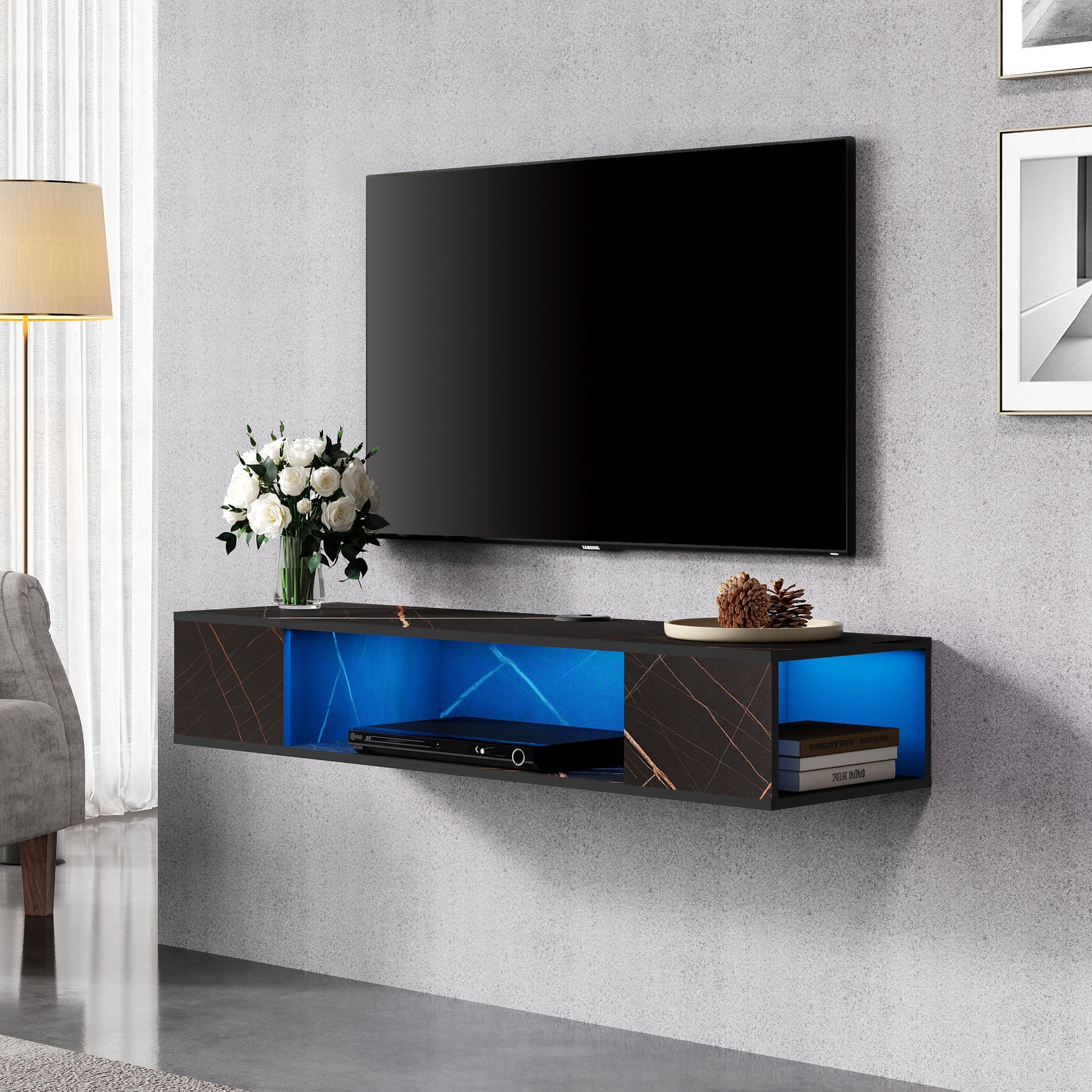 How To Center A Picture On A Wall Floating TV Stand Shelf with Blue LED Lights - Wall Mounted Entertainment  Center Media Console Component Under TV with 3 Storages, 39.4", Imitation  Marble - Walmart.com