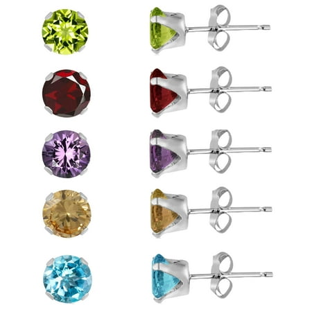 Round Peridot Earrings Set (Set of 5 Pairs of 3mm Round Genuine Gemstones Sterling Silver Stud Earrings - Amethyst, Peridot, Garnet, Citrine and White)