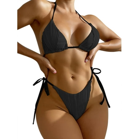 TWY Women Bikini Swimsuit Triangle Top Side Tie Bottom Halter Ribbed Smocked Bikini Swimwear