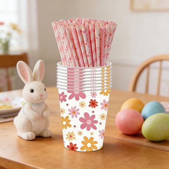 16-Piece Floral Disposable Paper Cups, 3.23 x 2.91in Daisy & Sunflower Party Cups, Beverage Cups for Birthdays, Baby Showers & Garden Parties