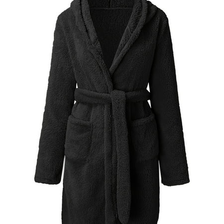 

Comfortable Long Sleeve Plush Tie Pajama Robe Solid Color Hooded Home Thermal Bathrobe For Valentine‘s Gifts Women‘s Loungewear & Sleepwear