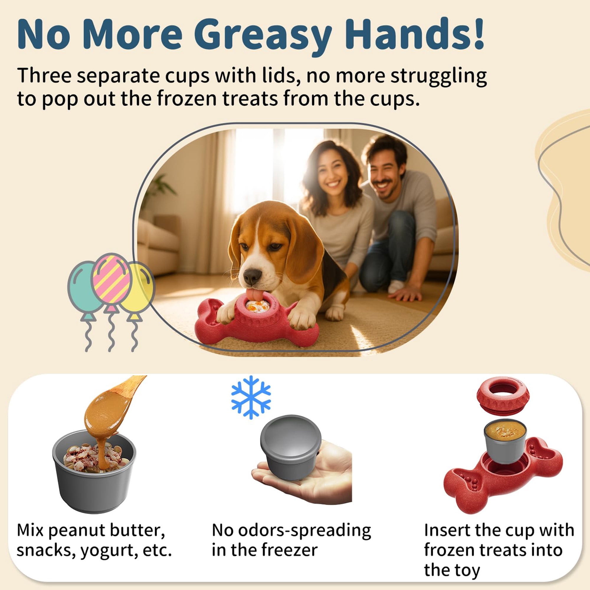 Durable nylon chew toy for aggressive chewers, with fillable treat cups & ice cream mold. Cognitive licking enrichment, bone-shaped, red. Keeps dogs busy.