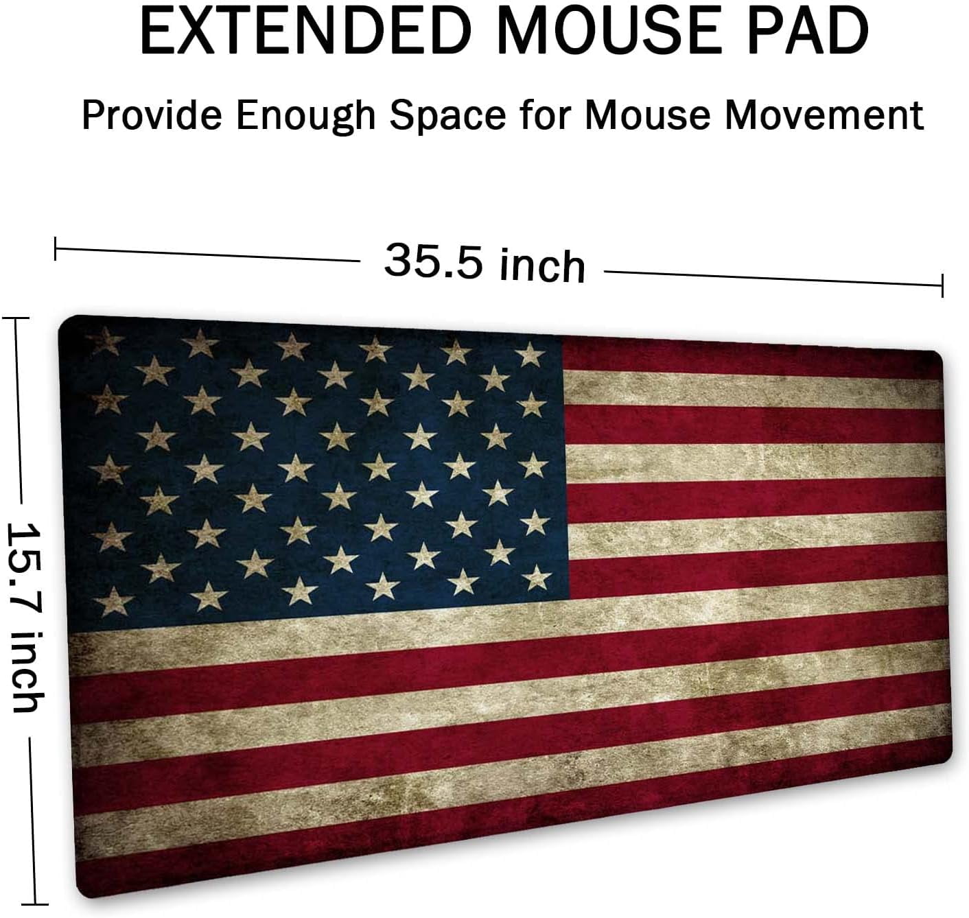 Vintage American Patriotic US Flag Mouse Pad 35.4 x 15.7 Inch XXL Full Desk Mousepad Extended Large Non-Slip Rubber Base Waterproof Big Keyboard Mat with Stitched Edges for Gaming and Office