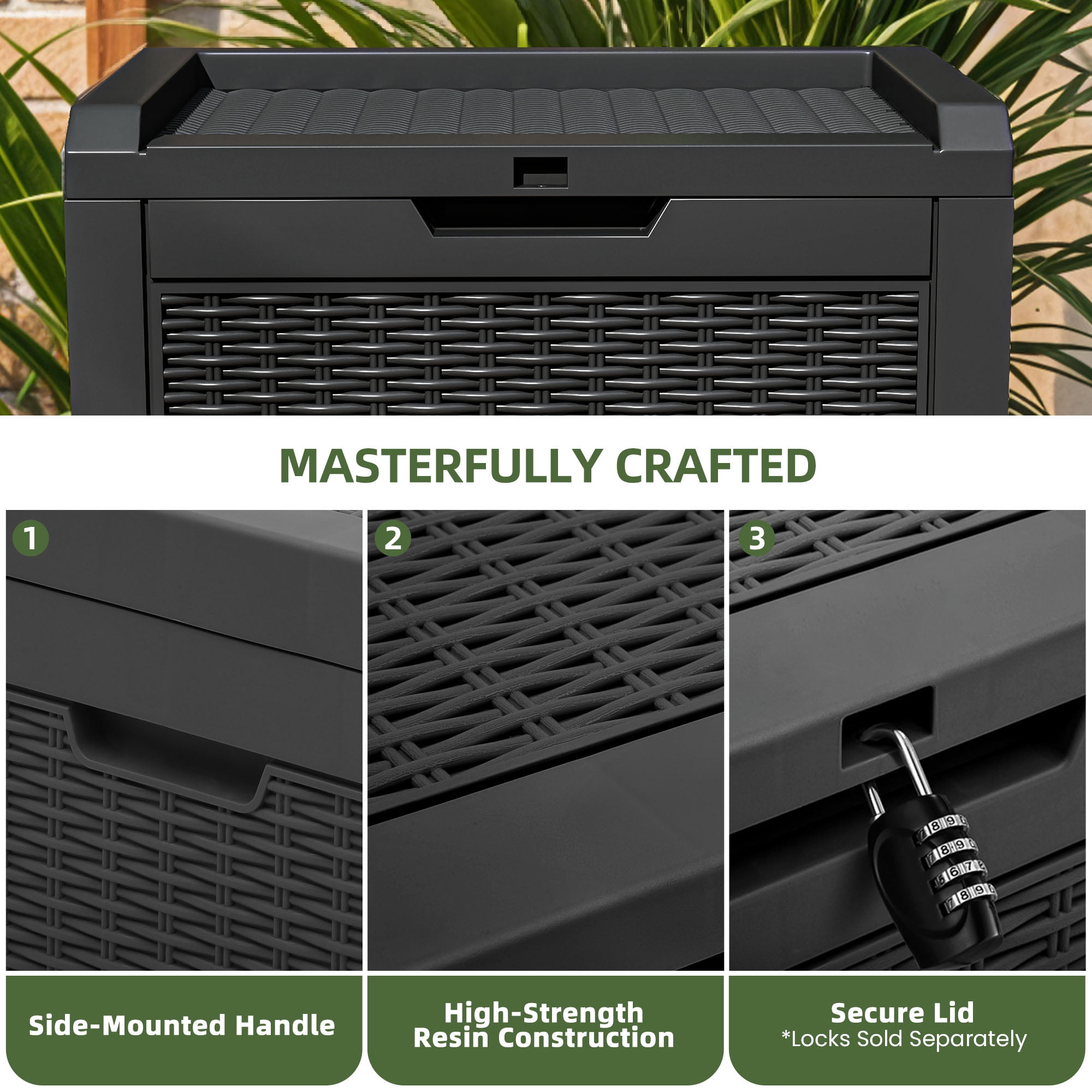 Uforic Outdoor Lockable 32 Gal Resin Deck Box, Storage Box with Lockable Lid & Side Handles, Black
