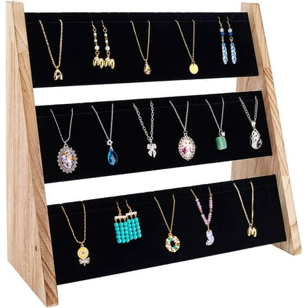 Necklace Jewelry Display Holder 3 Tier Wood Pendant Holder Display Stand with Black Velvet Large Capacity Necklace Organizer Stand Jewelry Display for Home or Selling Show