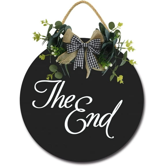 Eveokoki 12" Door Wooden Hanging Sign,The-end Sign Front Door Decor with Bowknot Rustic Farmhouse Wood Sign Door Hanger for All Season All Holiday Home Office Shop Window