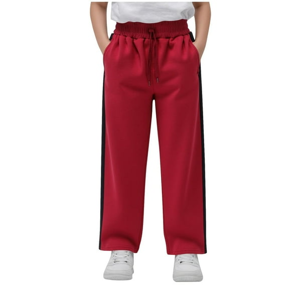 Lenpel Girls Boys' Fleece Lined Sweatpants Elastic Waist Drawstring Side Striped Straight Leg Athletic Pants Loose Casual Trousers(Wine,14-16 Years)