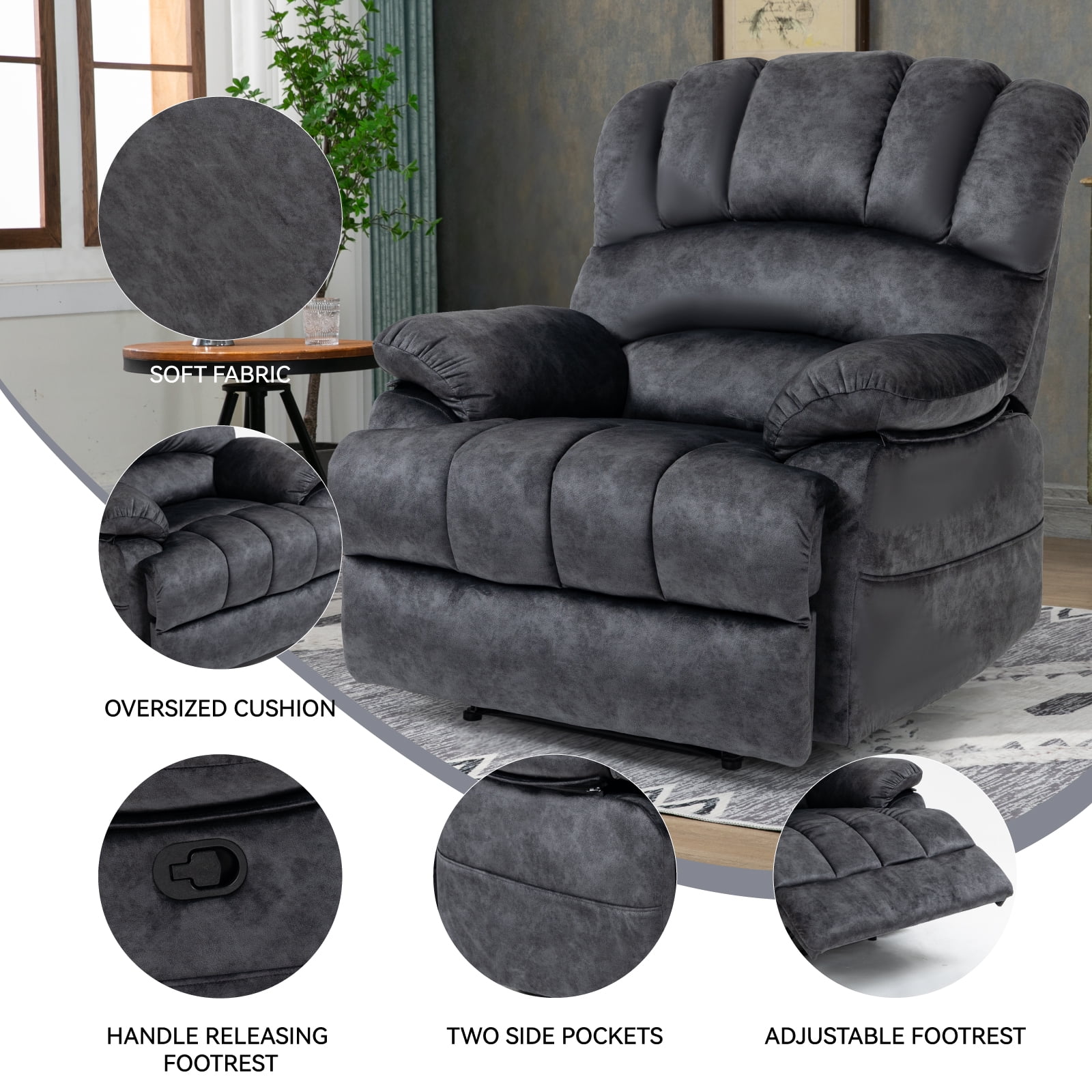 Trustyue  Manual Recliner Chair with Footrest, 40" Wide Push Back Recliner Chair with Three Position and Two Side Pockets, Velvet, Black