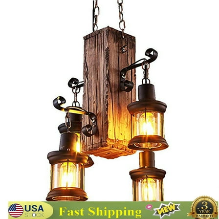 DENEST 4 Lights Chandelier Pendant Lighting Fixture Wooden Ceiling Light Hanging Lamp