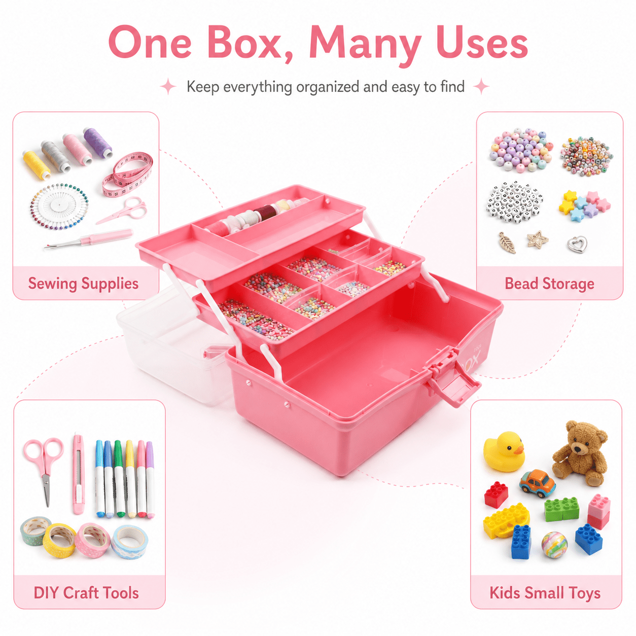 Three-Layer Multipurpose Storage Box, Folding Tool Box Art & Crafts Bead Case Sewing Supplies Organizer Plastic Box with 2 Trays 12in