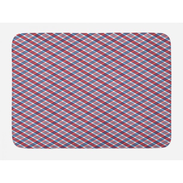 Plaid Bath Mat, Checkered Pattern with Diagonal Stripes Antique
