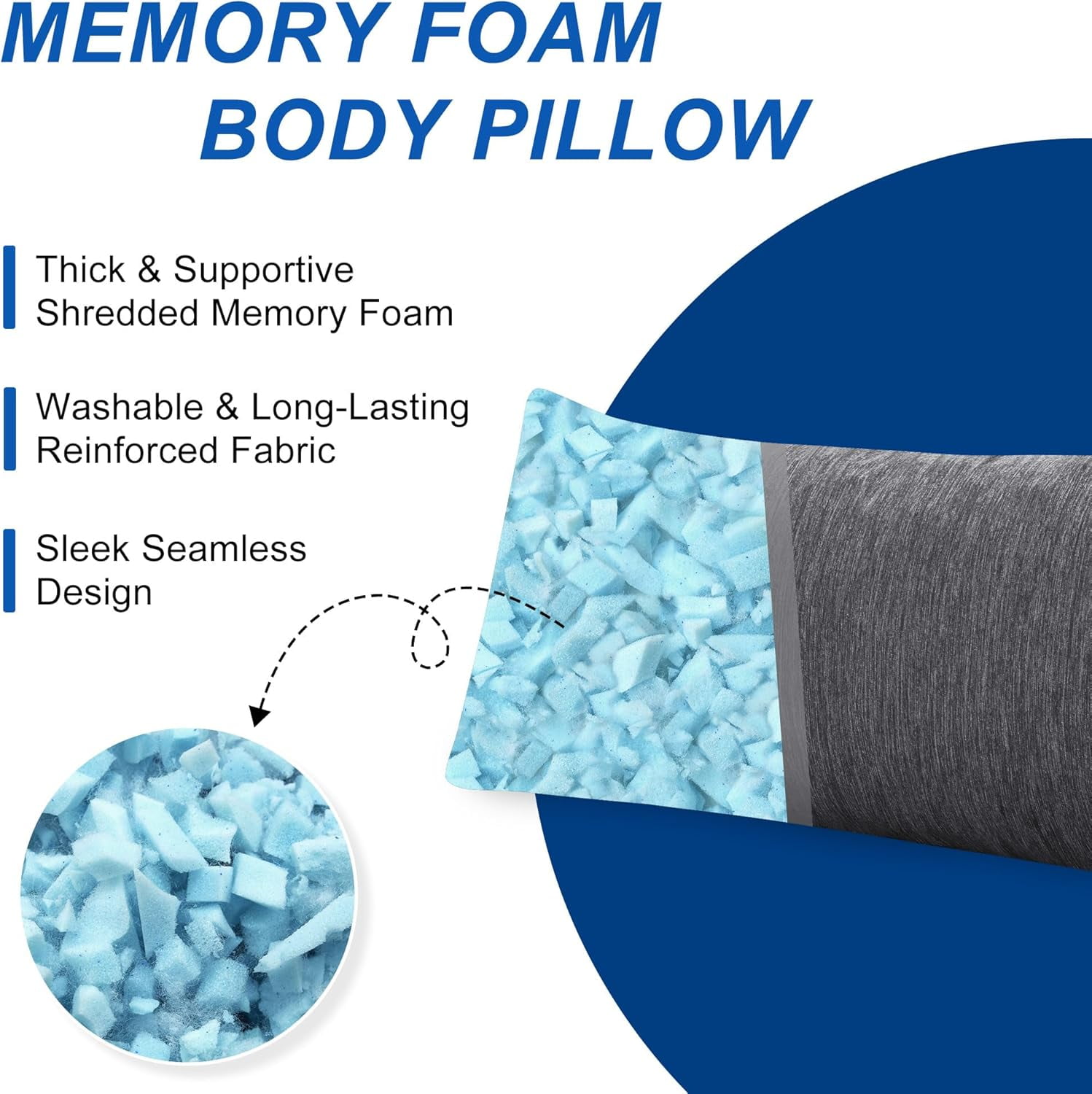 XWZO Cooling Body Pillow for Side Back and Stomach Sleepers - Shredded Memory Foam Bed Pillow with Removable & Adjustable Filling, Set of 1, 20 x 54 Inches, Grey