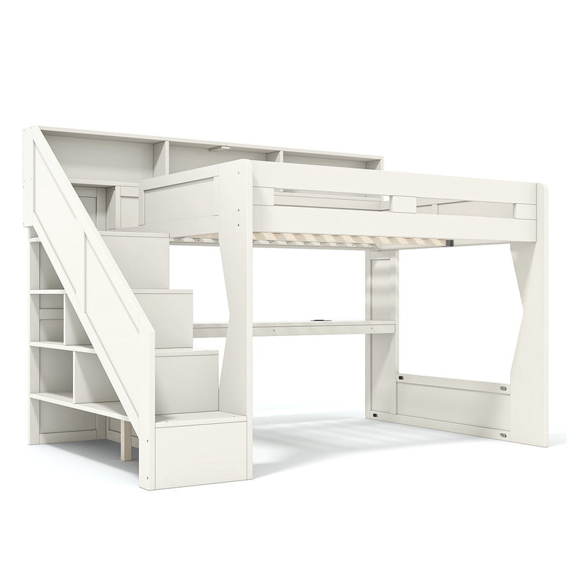 Queen Size Teens Gaming Bed Frame with Storage Stair & Open Headboard Shelves, Wood Loft Bed with LED Light & Power Outlet Desk
