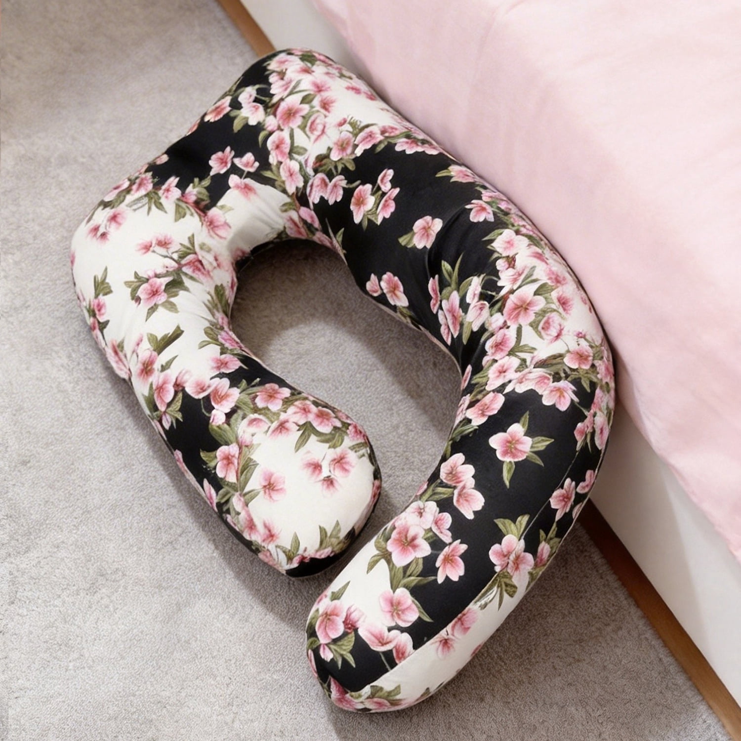 Extra Large J-Shaped Pregnancy Pillow, Black Floral - Ultimate Body Support for Side Sleepers & Maternity Relief