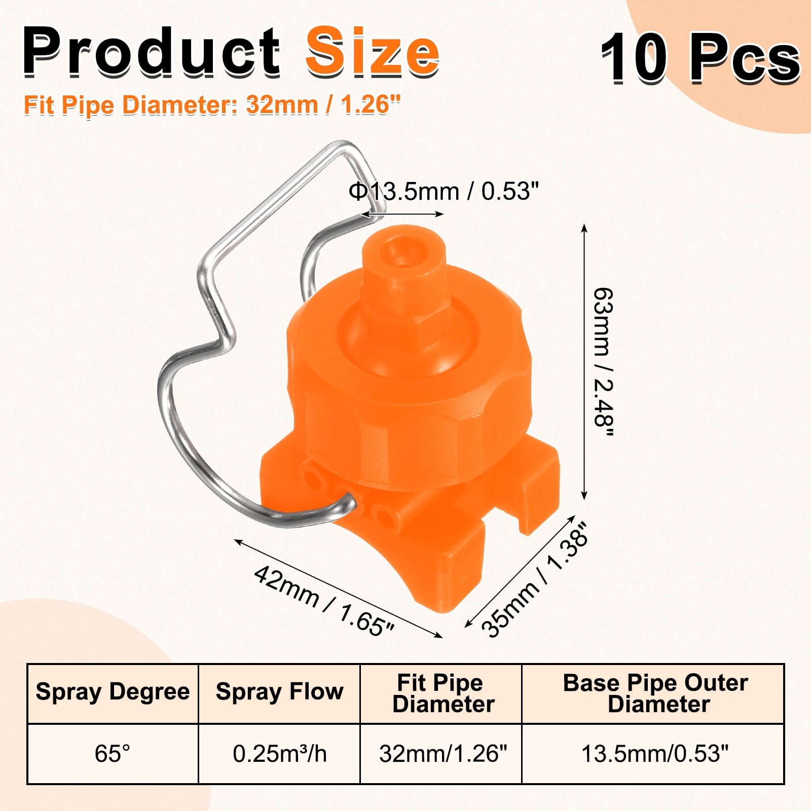 10Pack 65 Degree Spray Nozzle with Clip Fit 32mm/1.3" Hose, 0.25m³/h