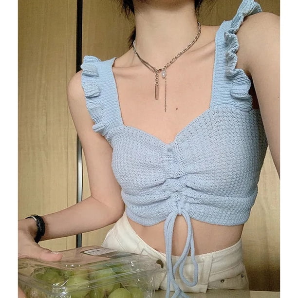 VISgogo, camisetas sin mangas de punto para mujer, chaleco sin espalda con decoración de volantes y lazo frontal de Color sólido, camisetas cortas simples informales VISgogo moda