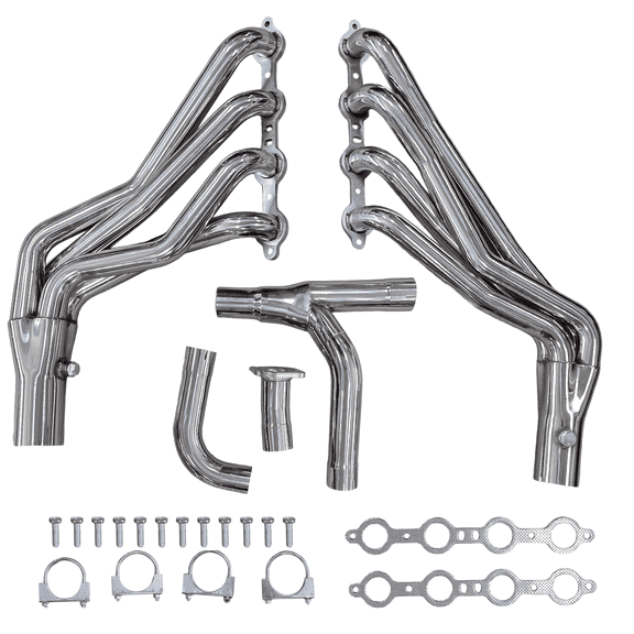 Long Tube Exhaust Headers with Y-Pipe 1999-2007 Chevy Silverado GMC Sierra Tahoe Yukon Suburban Escalade GMT800 4.8 5.3 6.0 6.2 V8 2WD 4WD Polished 304 Stainless Steel 1 3/4" Primary 3 Inch Collector