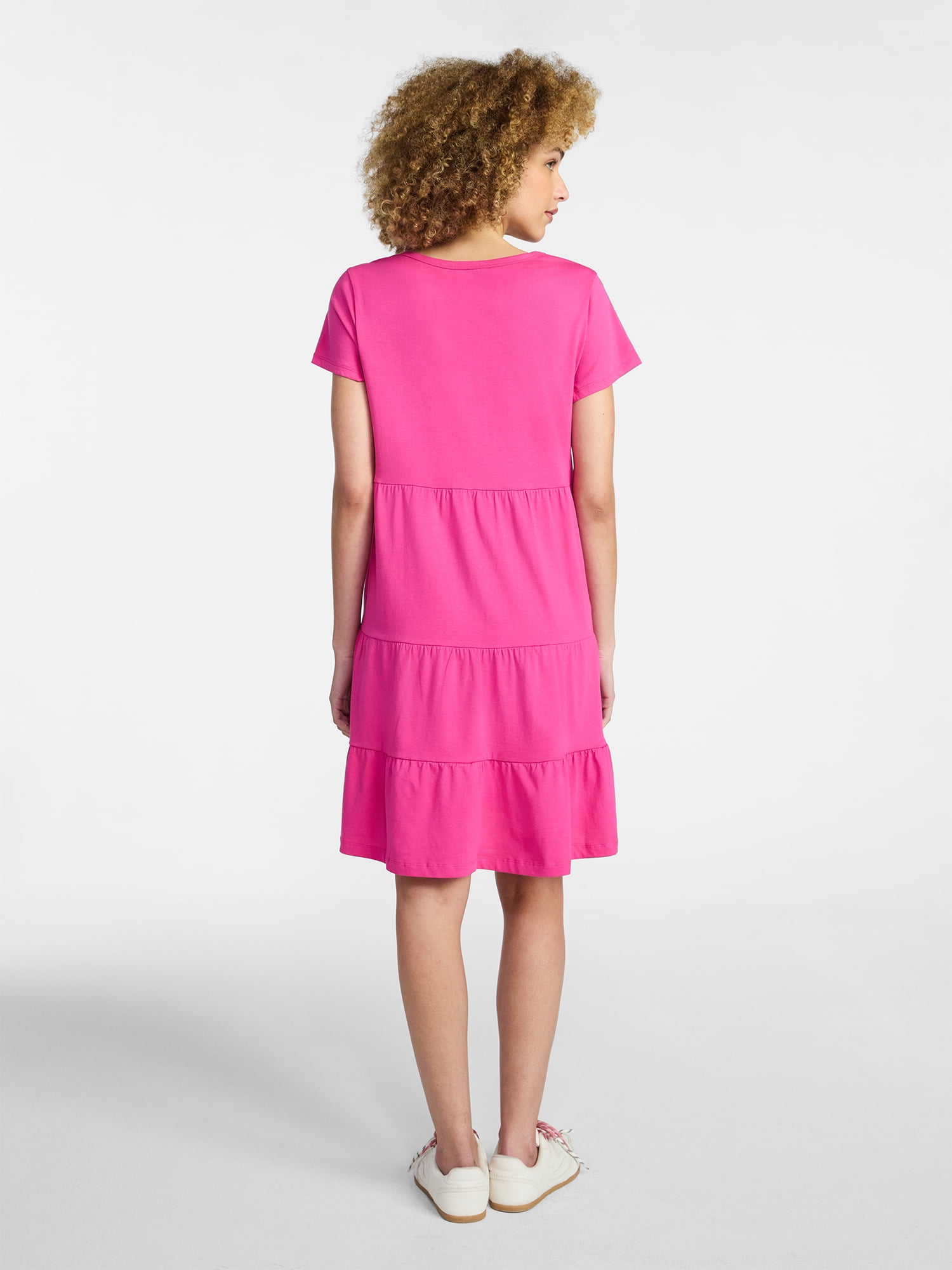Time and Tru Women's Tiered Cotton Mini Dress with Short Sleeves, Sizes XS-XXXL