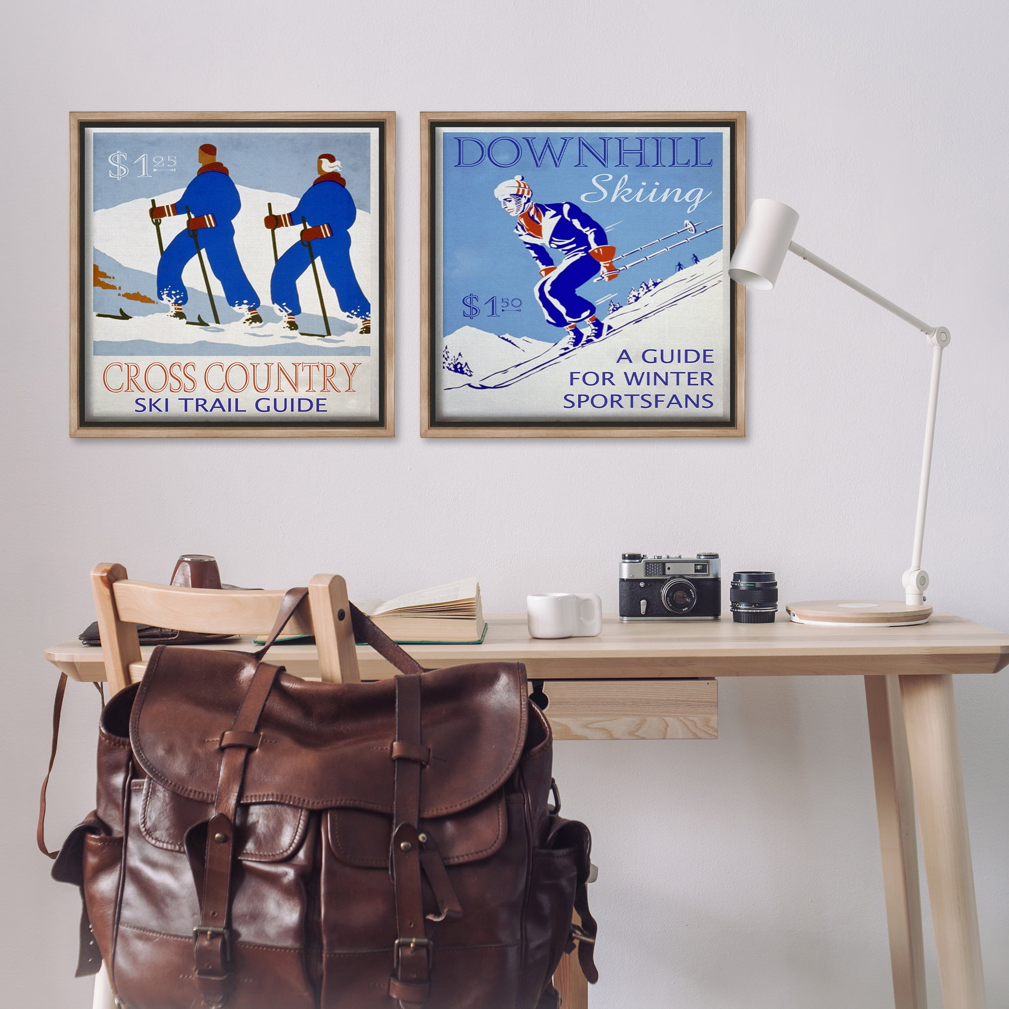 Stupell Industries Cross Country Skiing Posters Sports Painting Brown Floater Framed Canvas Art Print Wall Art, 25 x 25, Set of 2