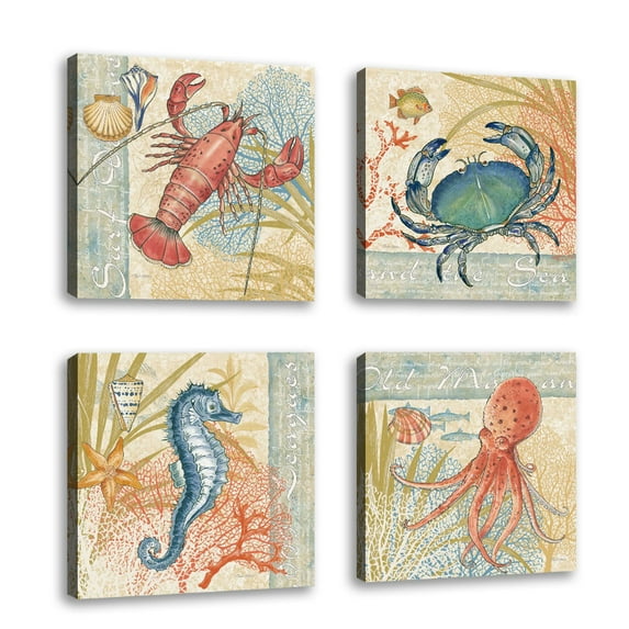 Set of 4 - Oceana IV - Contemporary Fine Art Giclee on Canvas Gallery Wrap - wall décor - Art painting - 24 x 24 Inch - Ready to Hang