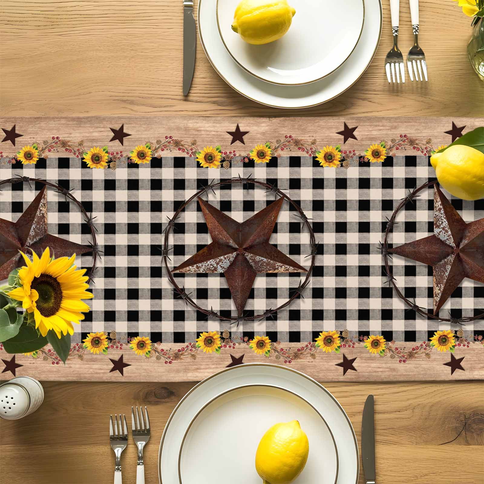 Western Star Farm Sunflower Table Runner 90 Inches Long, Vintage Wood Grain Black Buffalo Plaid Table Runners Tabletop Scarf Kitchen Dining Tables Decoration for Home Party Indoor Outdoor