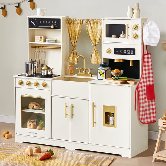 Tiny Land Wooden Play Kitchen for Kids with Chef Hat & Apron, Pretend Kitchen Set with Ice Maker, Coffee Maker & Microwave, Ages 3