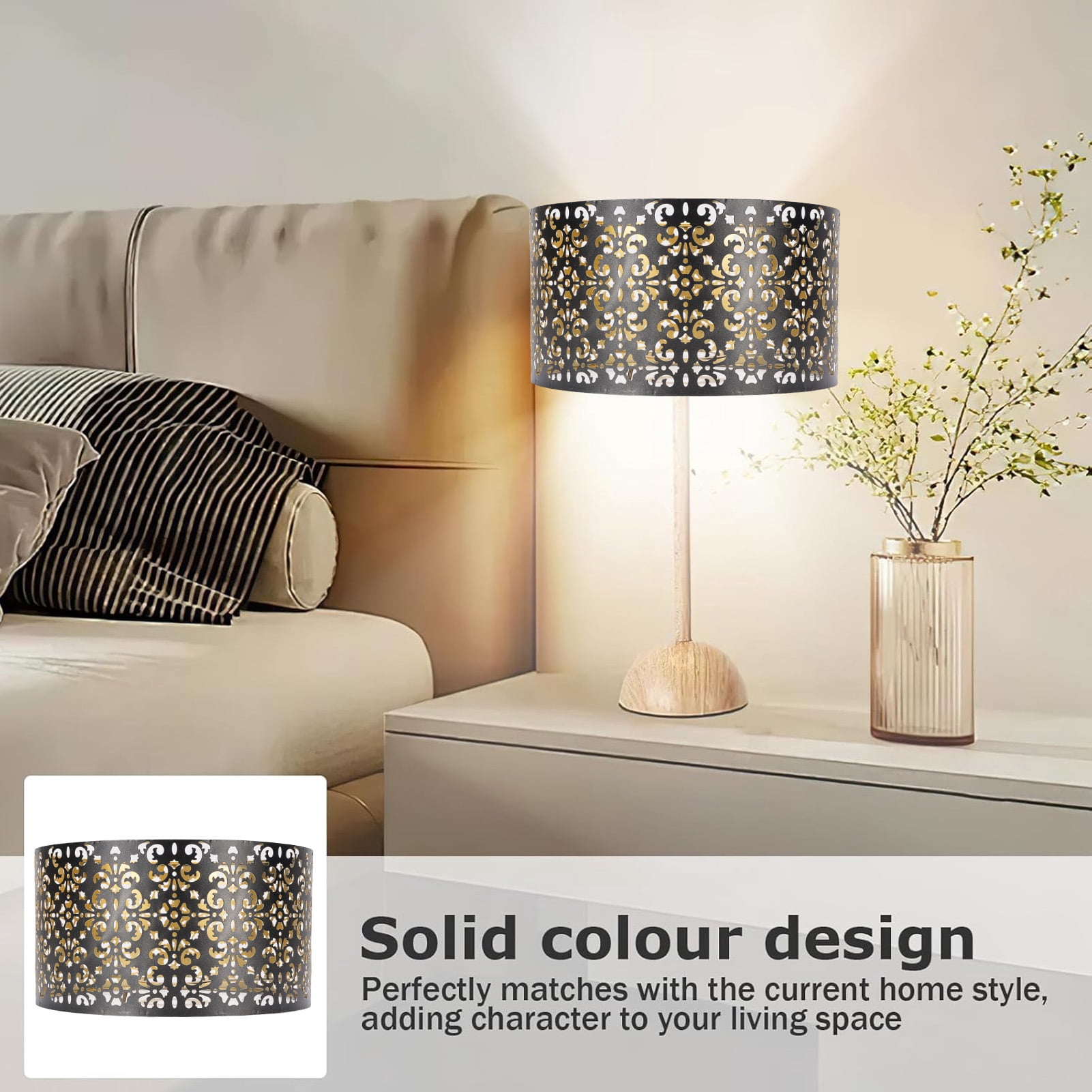 NFTIGB Metal Hollow Lamp Shade Aesthetic Drum Iron Hollow Out Flower Pattern Lampshade for Table and Floor Lamps E27 E14 Socket Light 8.66 inches / 22 cm Black Finish