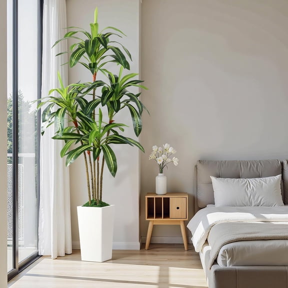 Lolsea Artificial Dracaena Fake Tree 7FT, White High Pot Artificial Plants Indoor & Outdoor, Fake Plants for Office Home Living Room Potted Decoration