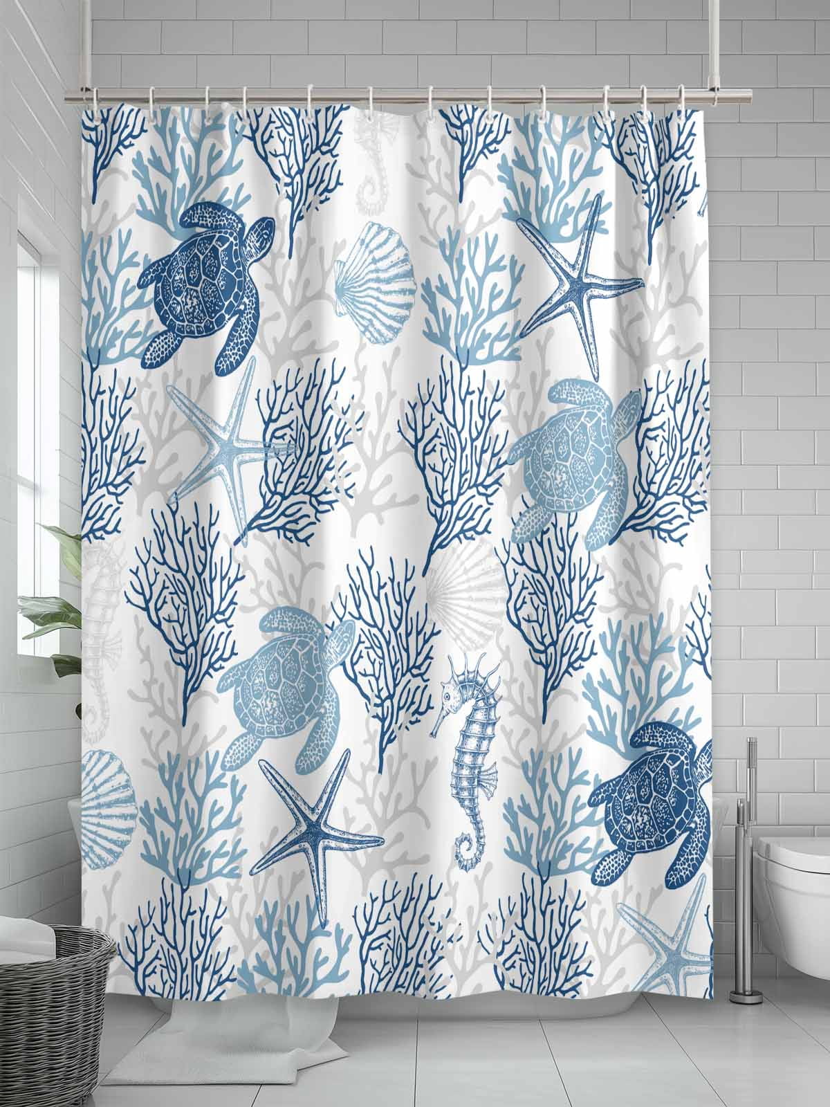 Boanket Polyester Fabric Navy Blue Grey Coastal Shower Curtain, Sea Turtle Nautical Coral Summer Beach Waterproof Bathtub Curtain Bathroom Decor Set with Hooks 54 x 78 Inches,