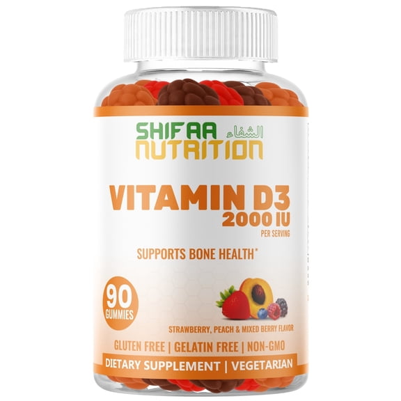 Halal Vitamin D3 Gummies 2000 IU | 90 Gummies, 45 Servings | Vegetarian, Non-GMO, Gluten-Free, Gelatin-Free, Dairy-Free | Support For Bones, Muscles & Immune System | SHIFAA NUTRITION