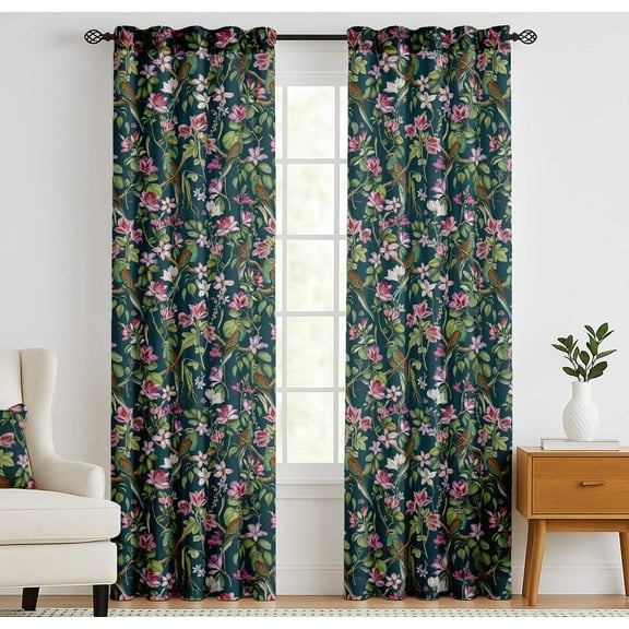 Vargottam Cotton Curtains for Windows - 3-in-1 Rod Pocket/Back Tab Short Window Drapes - Light Filtering Cotton Canvas Panels - Set of 2, 52"x63" - Bird Print (Green)