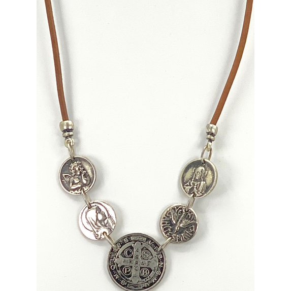 Vintage Necklace of St. Benedict, Virgin Mary, Sacred Heart of Jesus, Holy Spirit and Guardian Angel - Handmade Jewelry with Genuine Leather Strap by Graciela's Collection