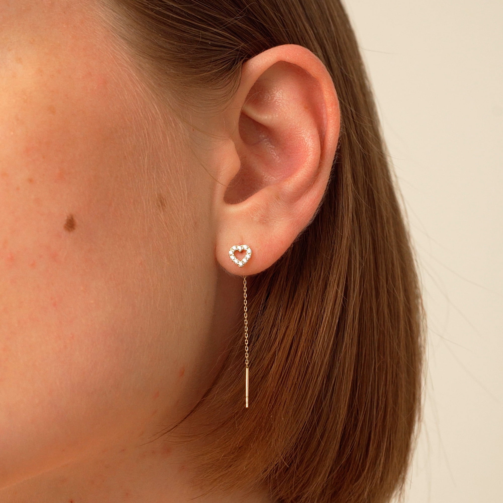 Gelin CZ Heart Threader Earrings in 14K Solid Gold for Women