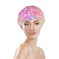 thumbnail image 3 of Kll Colorful Glitters Pattern Shower Cap & Bath Cap For Women,Reversible Oversized Waterproof Shower Caps For All Hair Lengths,Elastic Reusable Bathing Hair Cap, 3 of 9