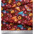 thumbnail image 2 of Soimoi Red Rayon Crepe Fabric Dot,Sunflower & American Robin Bird Fabric Prints by Yard 46 Inch Wide, 2 of 3