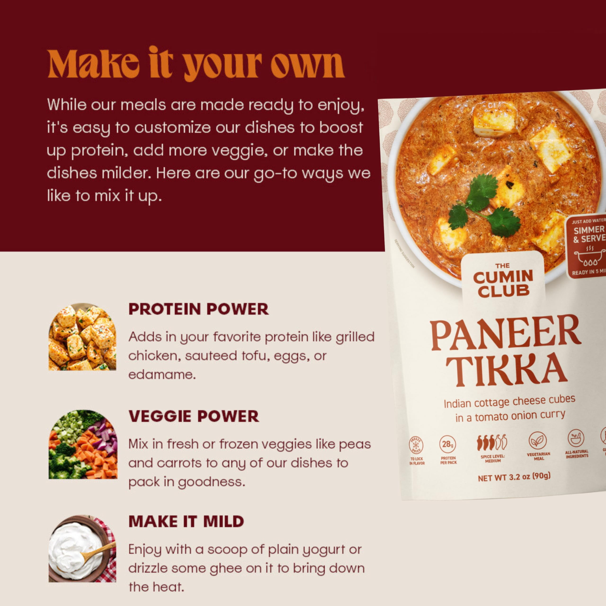 The Cumin Club Paneer Tikka Meal Kit - Instant Meals - Ready to Eat Indian Food (Pack of 5)