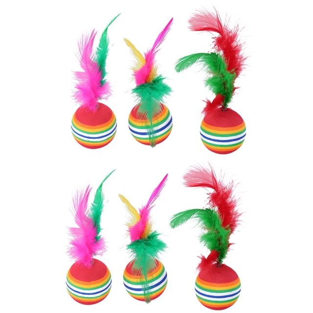 6PCS Rainbow Cat Ball Funny Faux Feather Kitten Ball Toy Cat Interactive Toy. The set includes six multicolour cat toys, each featuring a rainbow-striped ball made of ethylene vinyl acetate with a diameter of 3.5cm (1.38in) and a total height of 11cm (4.33in) including the attached vibrant faux feathers. Designed for indoor or outdoor play, these toys help reduce boredom, increase activity, and promote healthy interaction with your pet.