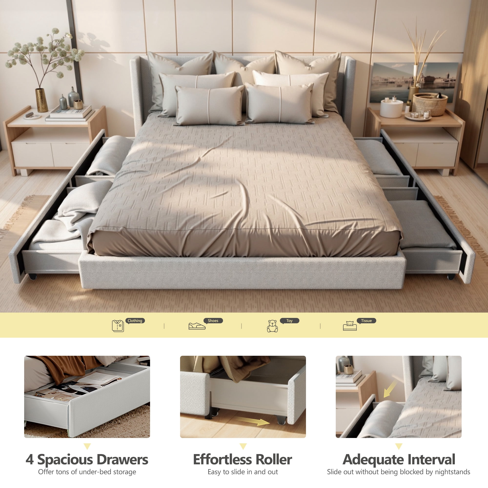 COOLHUT Upholstered Queen Size Platform Bed Frame with 4 Storage Drawers and Headboard, Wing Edge Design/Noise-Free/Wooden Slats Support/No Box Spring Needed/Easy Assembly, White