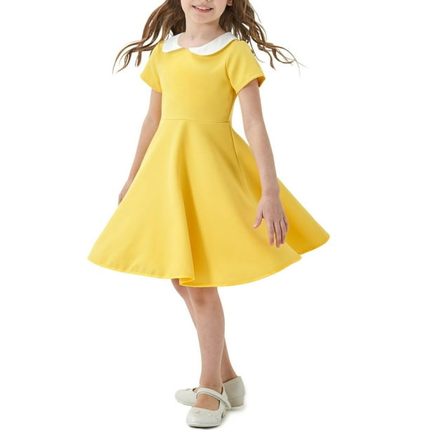 Odeerbi Vestido A-Line de Verano Para Niñas Vestido Con Cuello Peter Pan Acampanado Vestido de Columpio Color Sólido Manga Corta